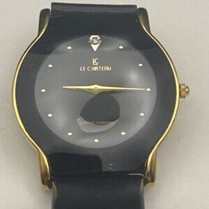 Le Chateau Womens Diamond 18k Gold Plated Watch Black Leather New Battery Works